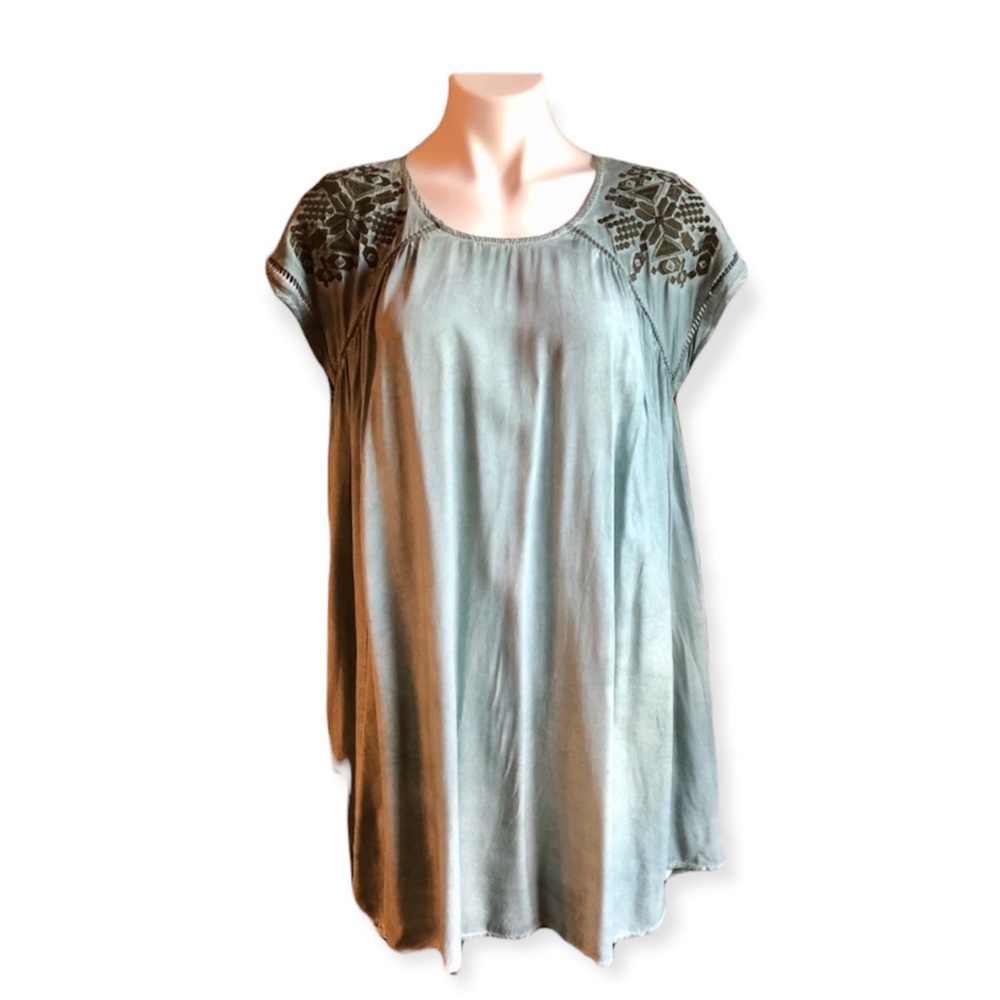 SHE AND SKY Embroidered Distress Dyed Tent Dress Small